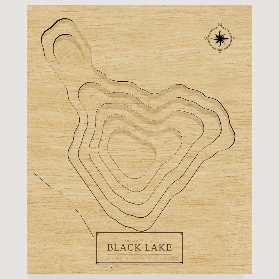Black Lake 3D wood map, front view