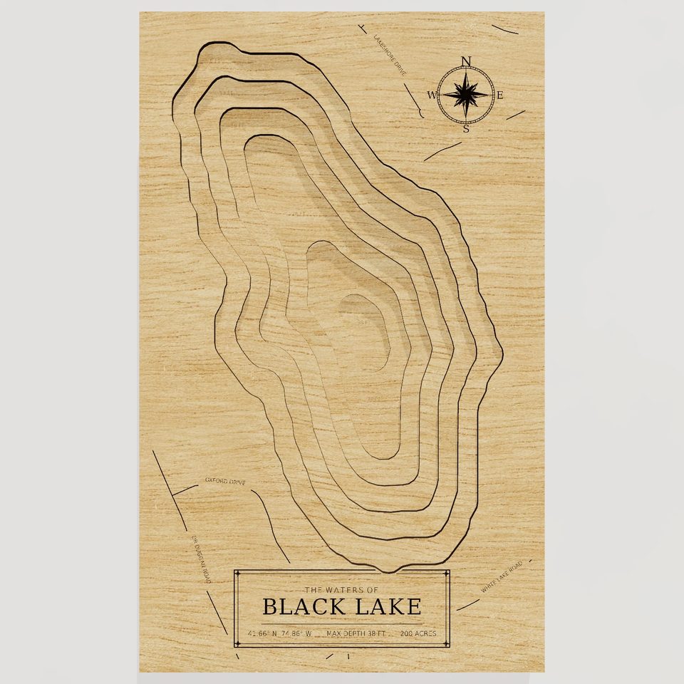 Black Lake 3D wood map, front view