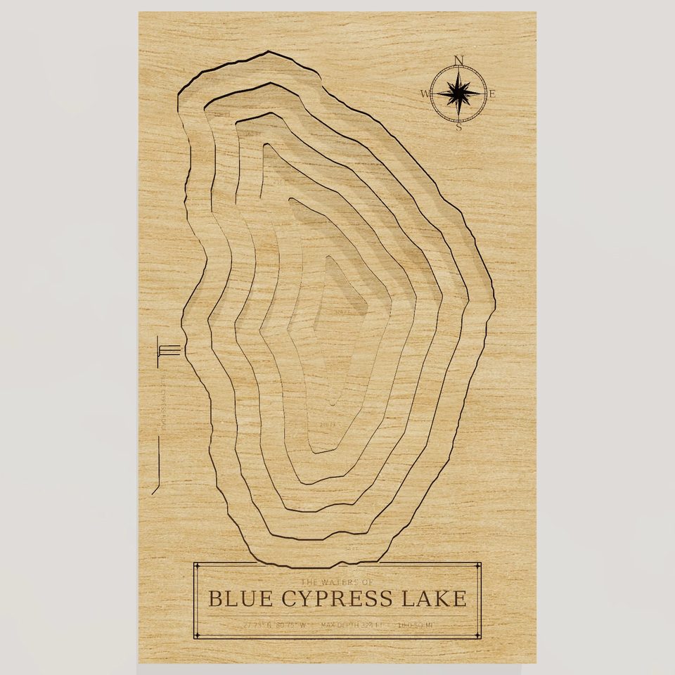 Blue Cypress Lake 3D wood map, front view