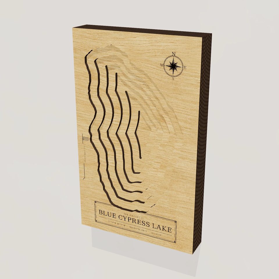 Blue Cypress Lake 3D wood map, hero view