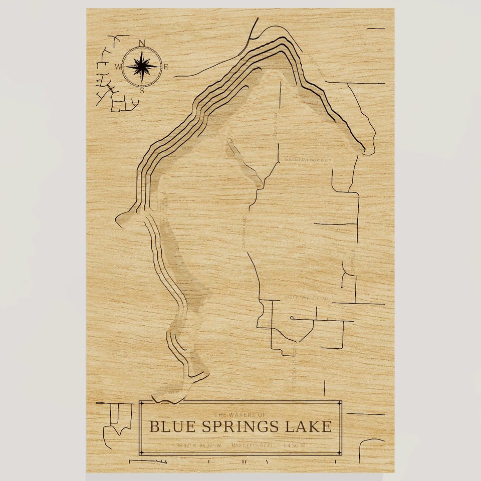 Blue Springs Lake 3D wood map, front view