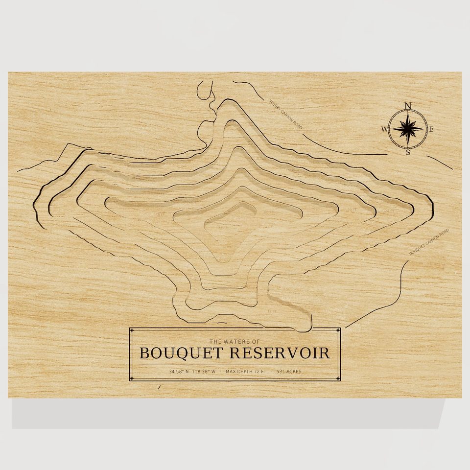 Bouquet Reservoir 3D wood map, front view