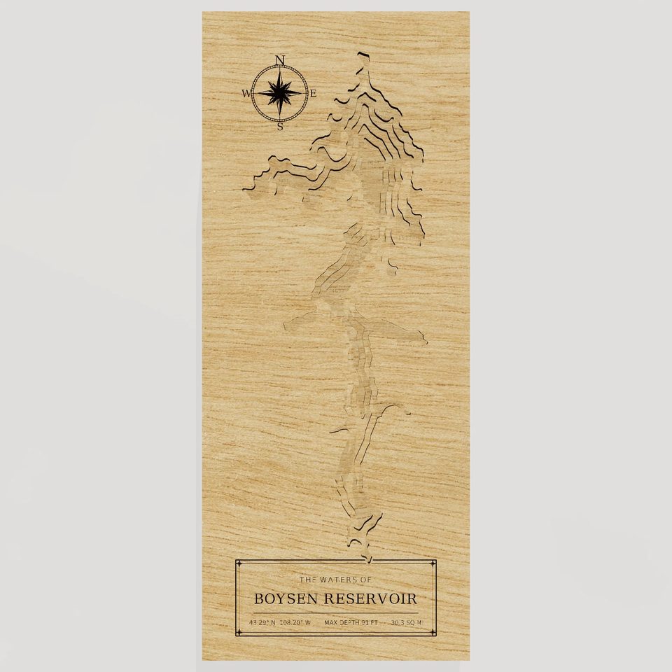 Boysen Reservoir 3D wood map, front view