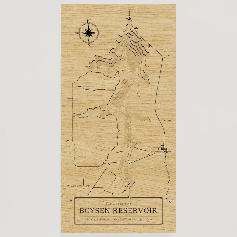 Boysen Reservoir 3D wood map, front view