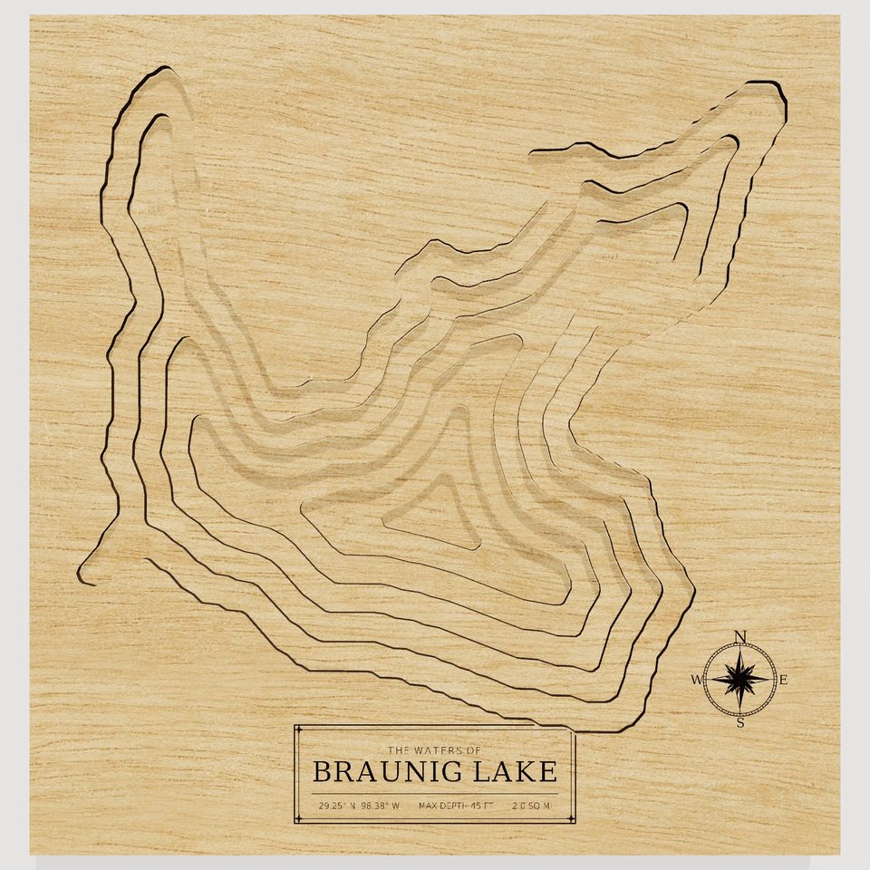 Braunig Lake 3D wood map, front view