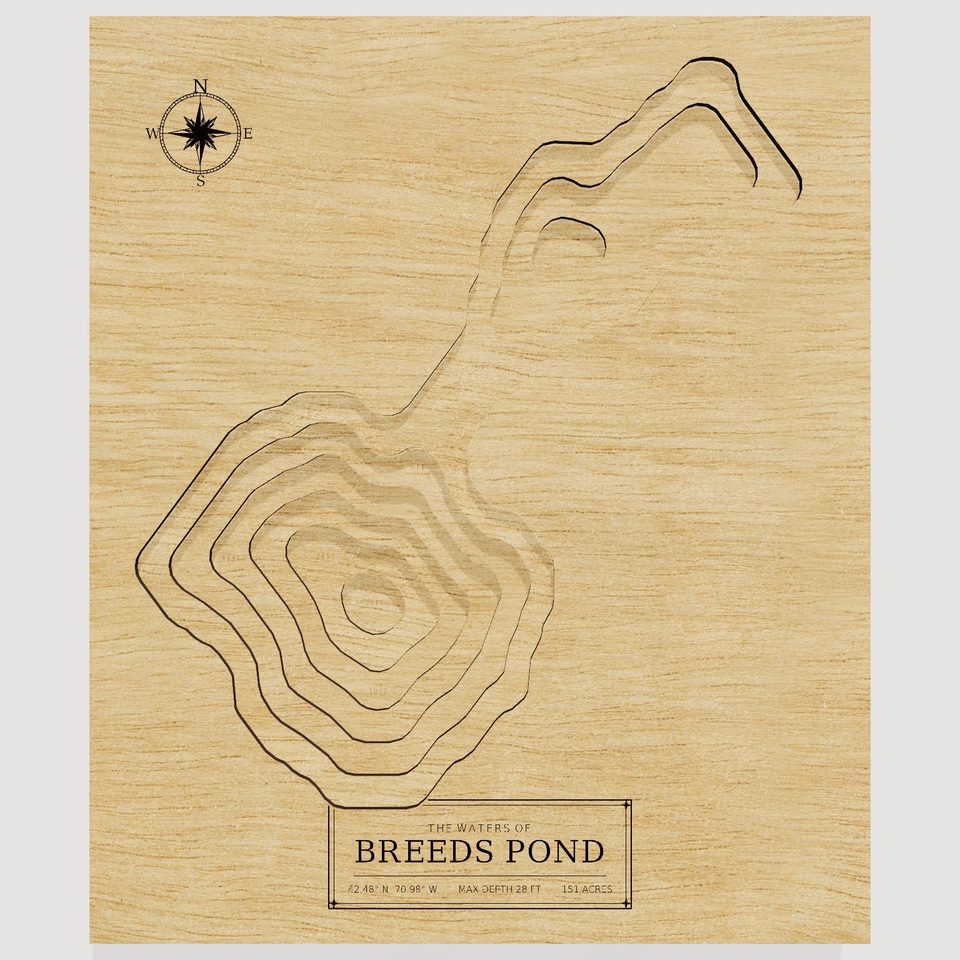 Breeds Pond 3D wood map, front view