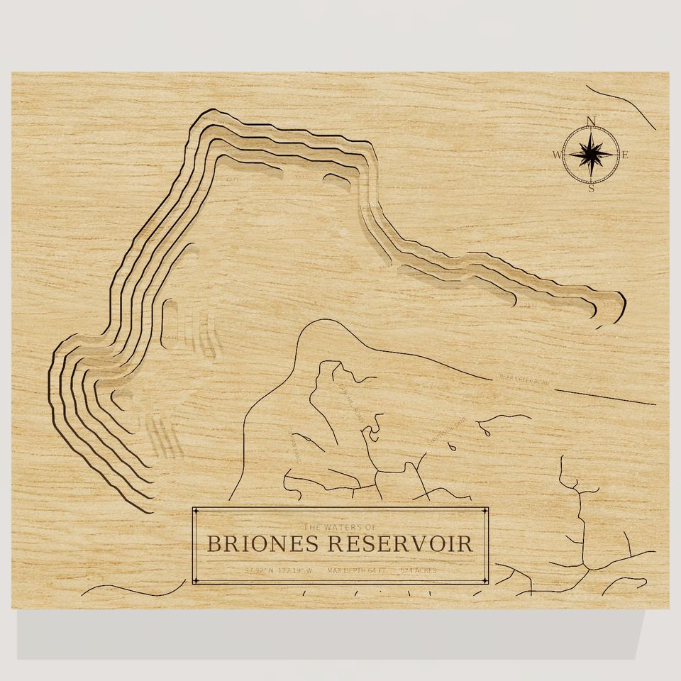 Briones Reservoir 3D wood map, front view