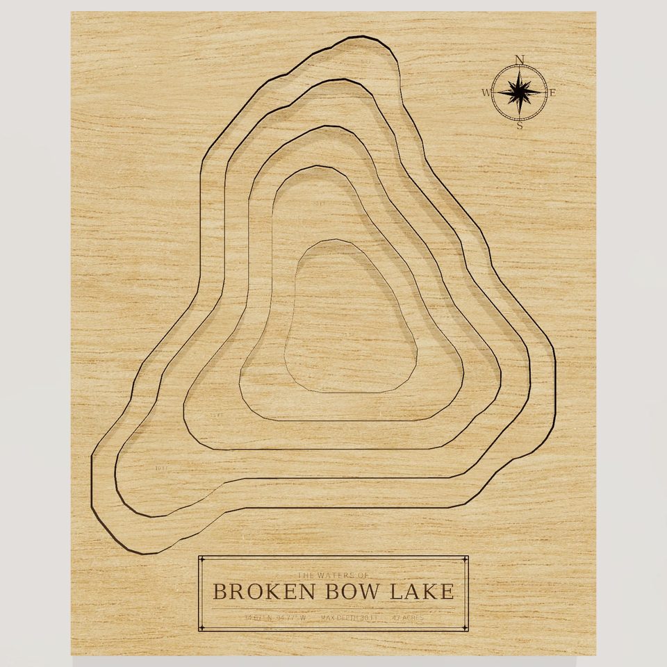 Broken Bow Lake 3D wood map, front view