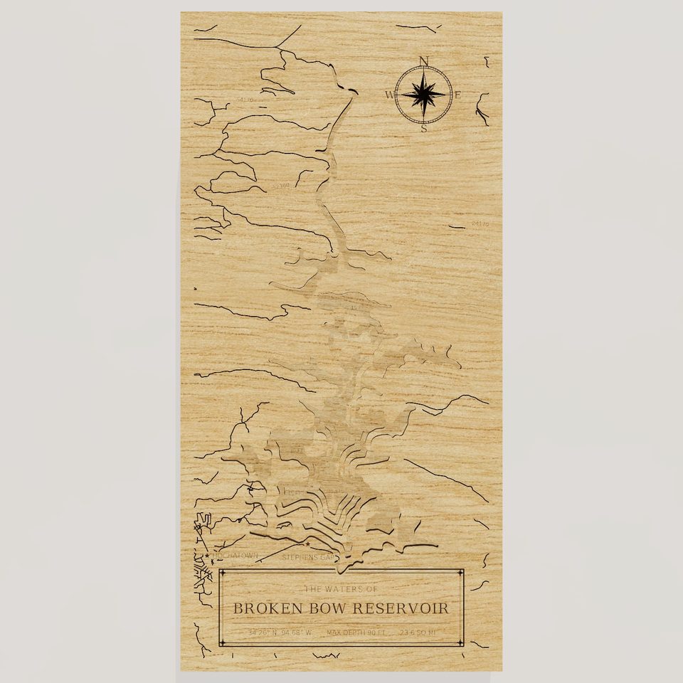 Broken Bow Reservoir 3D wood map, front view