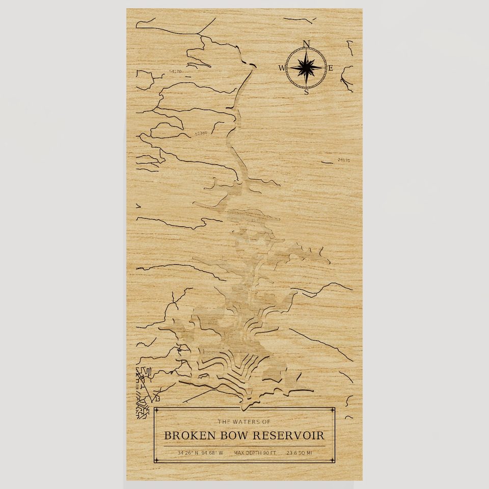 Broken Bow Reservoir 3D wood map, front view