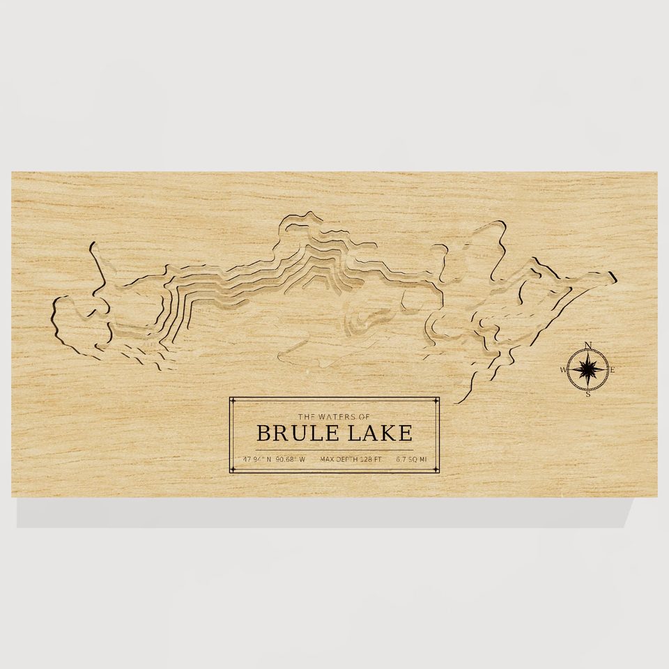 Brule Lake 3D wood map, front view