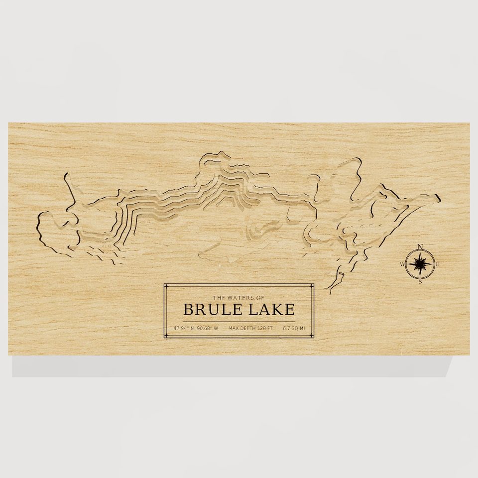 Brule Lake 3D wood map, front view