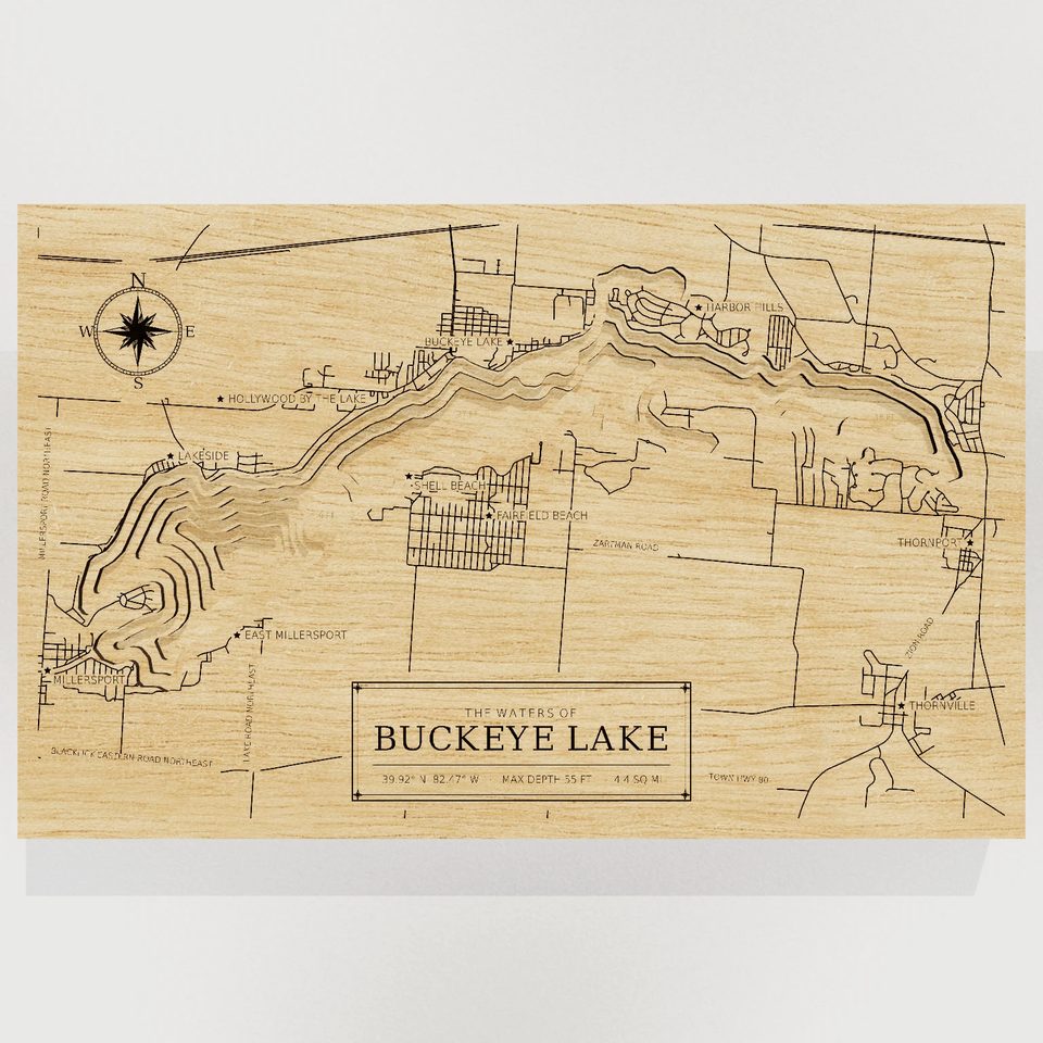 Buckeye Lake 3D wood map, front view