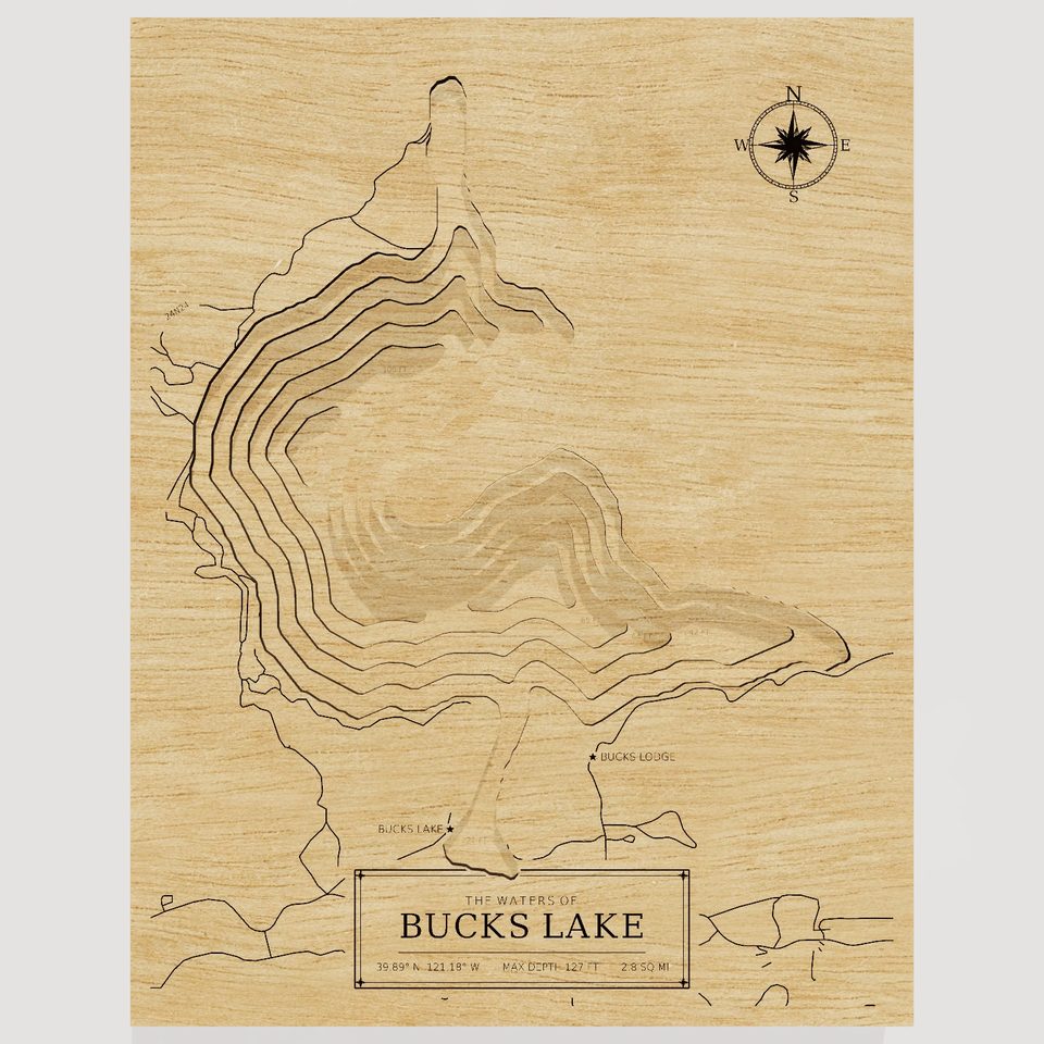 Bucks Lake 3D wood map, front view