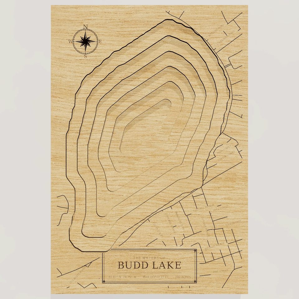 Budd Lake 3D wood map, front view