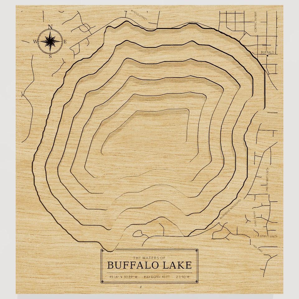 Buffalo Lake 3D wood map, front view