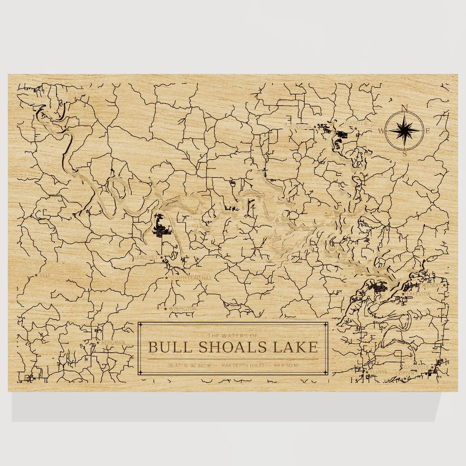 Bull Shoals Lake 3D wood map, front view