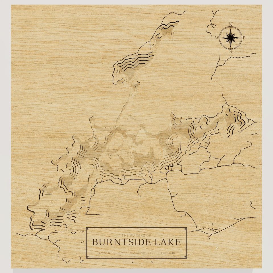 Burntside Lake 3D wood map, front view