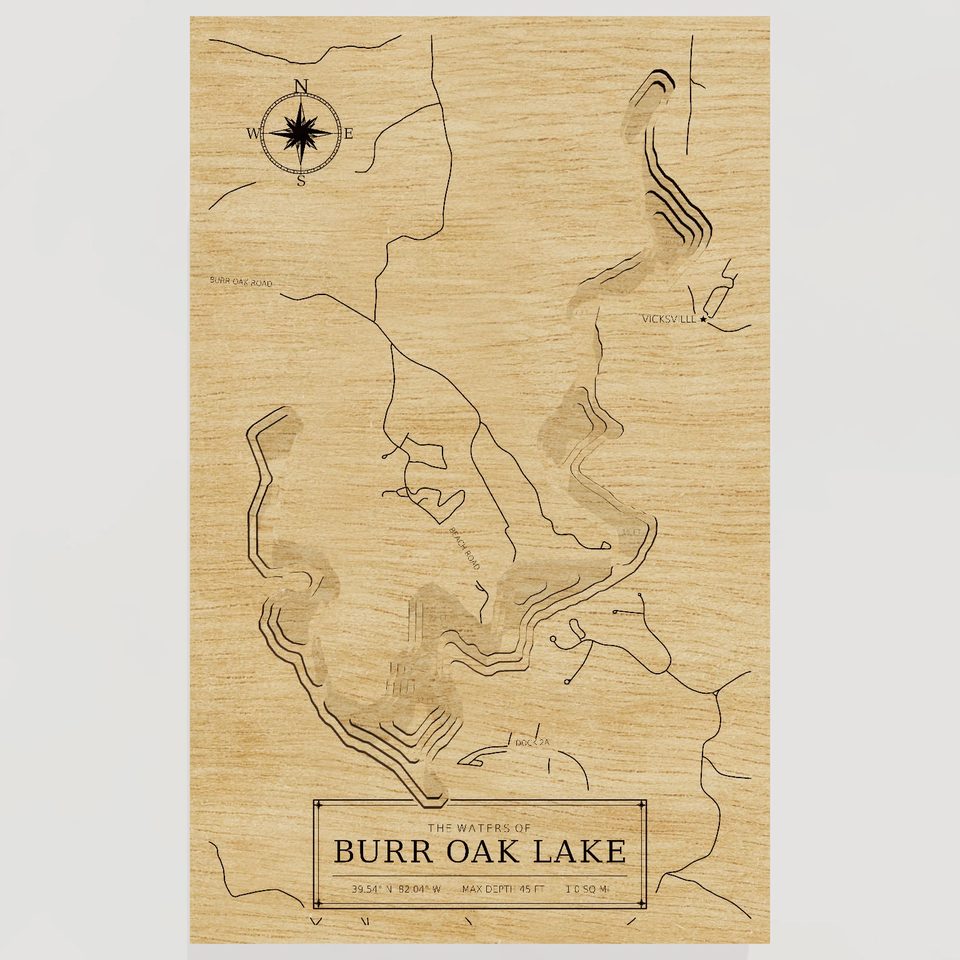 Burr Oak Lake 3D wood map, front view