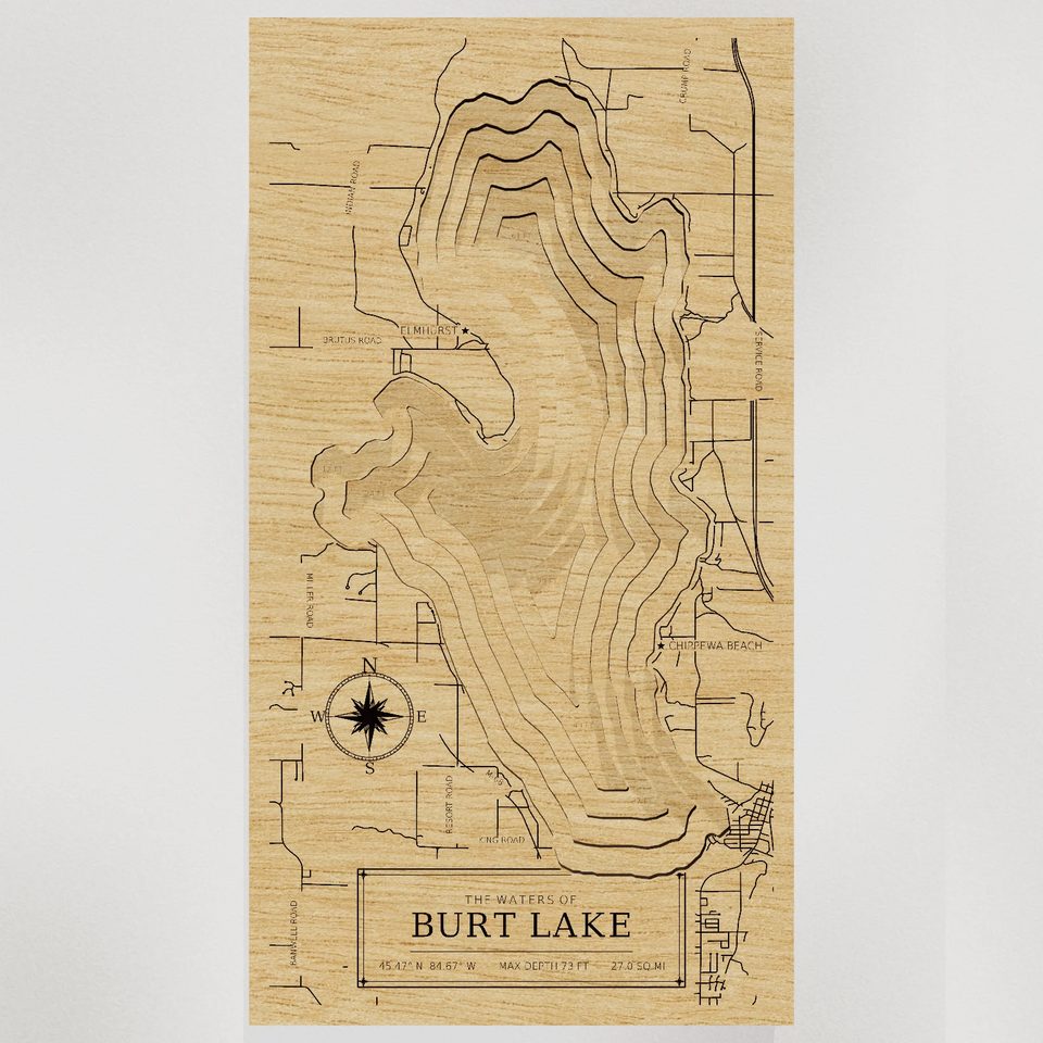 Burt Lake 3D wood map, front view