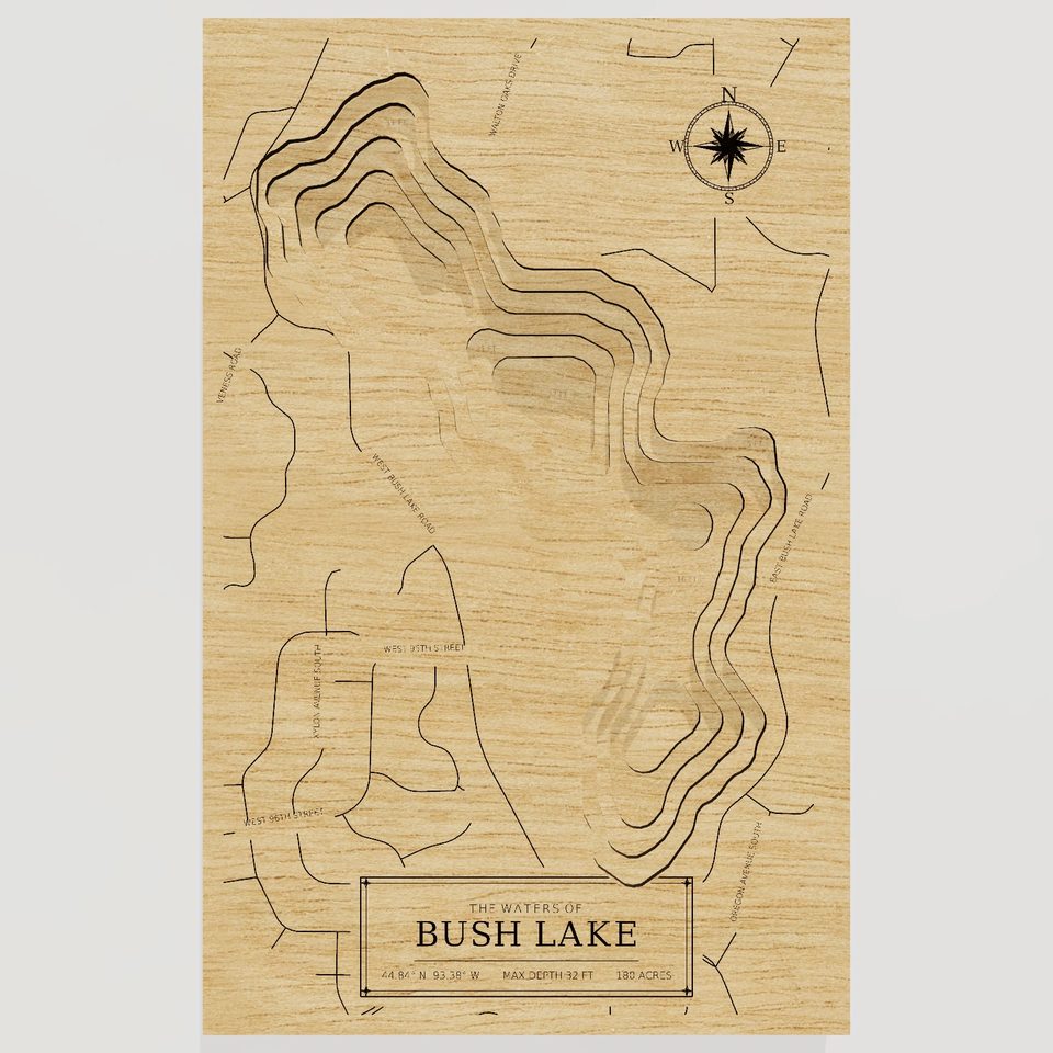 Bush Lake 3D wood map, front view