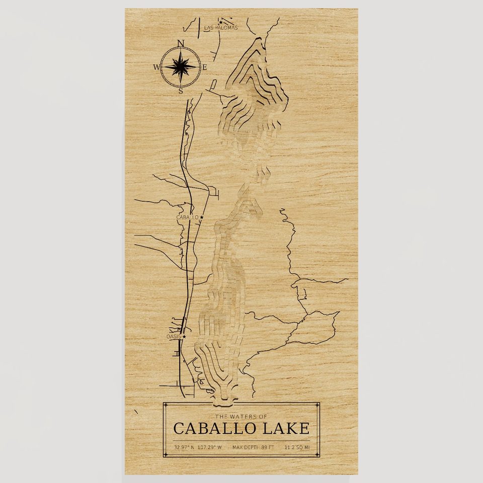Caballo Lake 3D wood map, front view