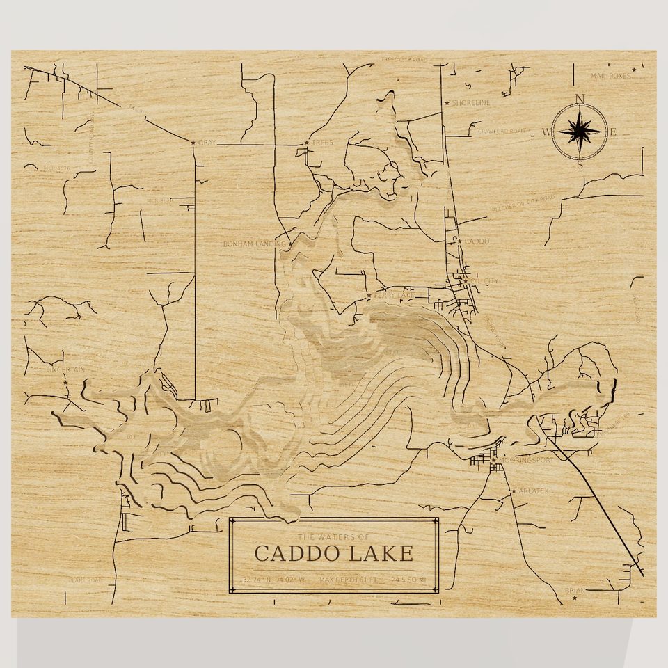 Caddo Lake 3D wood map, front view