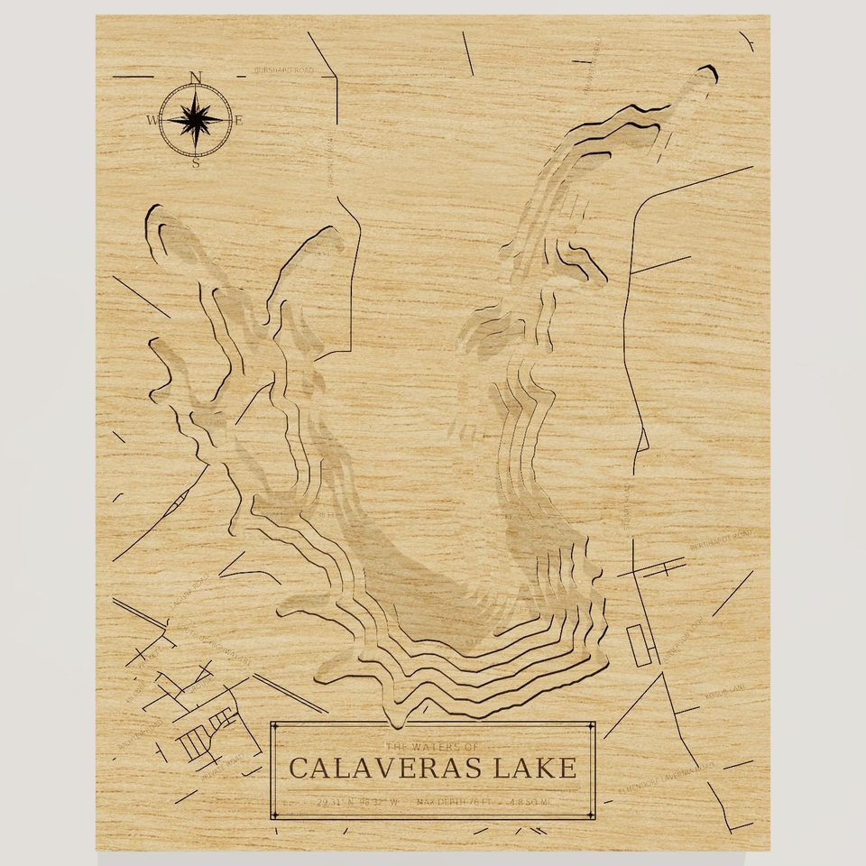 Calaveras Lake 3D wood map, front view