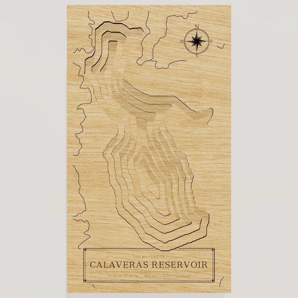 Calaveras Reservoir 3D wood map, front view