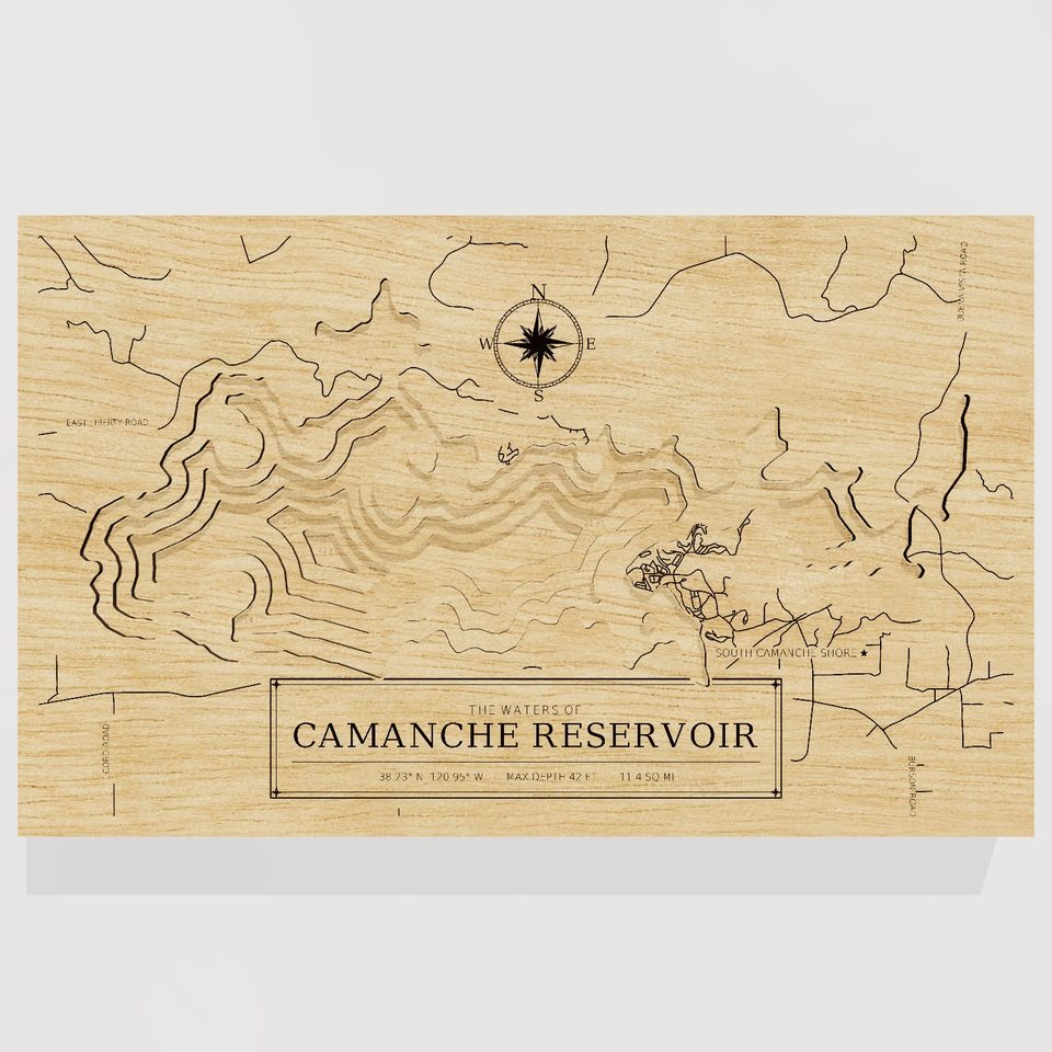 Camanche Reservoir 3D wood map, front view