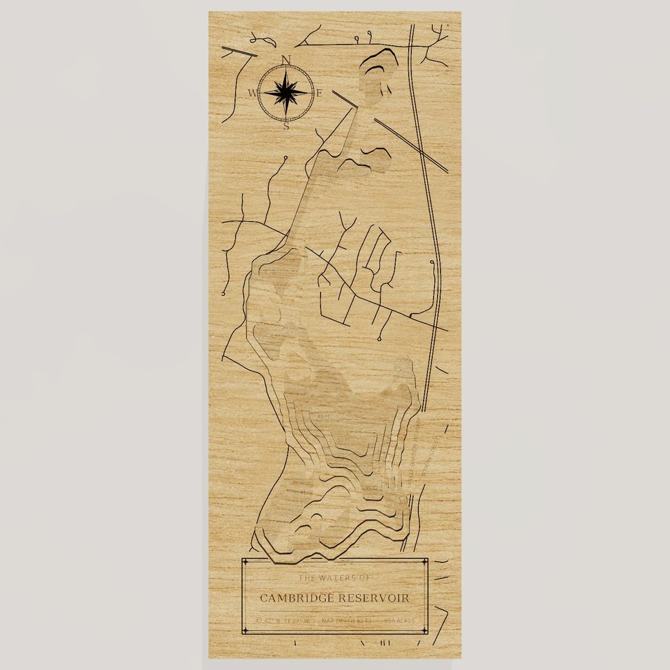 Cambridge Reservoir 3D wood map, front view