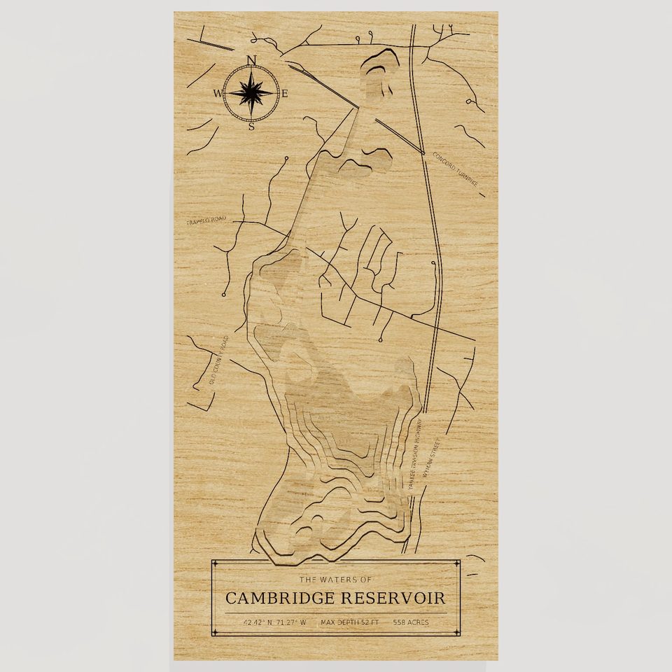Cambridge Reservoir 3D wood map, front view