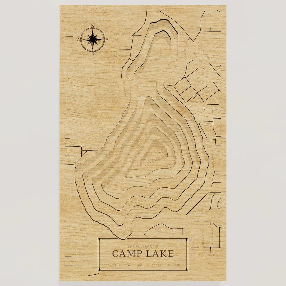 Camp Lake 3D wood map, front view