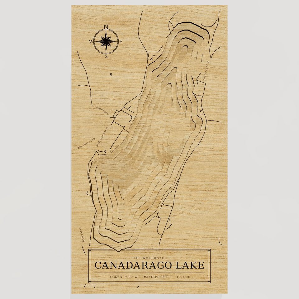 Canadarago Lake 3D wood map, front view