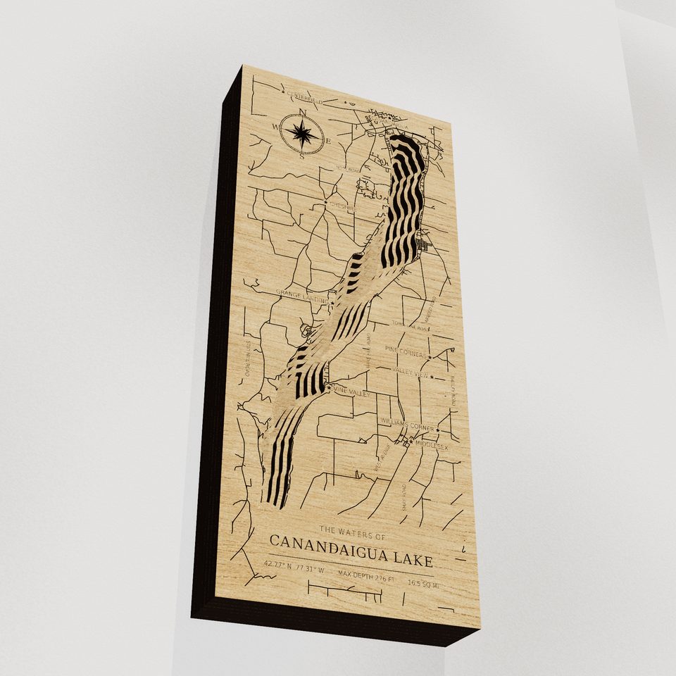 Canandaigua Lake 3D wood map, angle low view