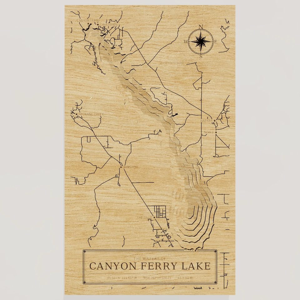 Canyon Ferry Lake 3D wood map, front view
