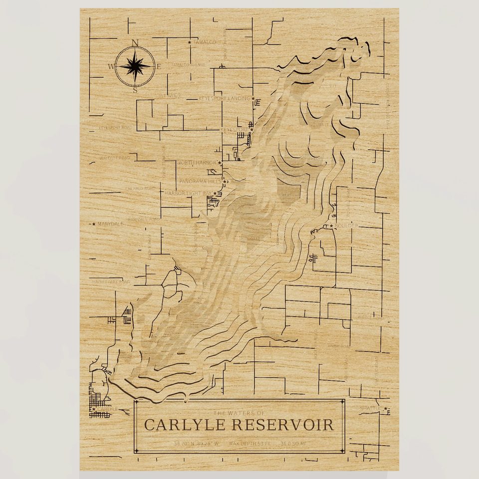 Carlyle Reservoir 3D wood map, front view