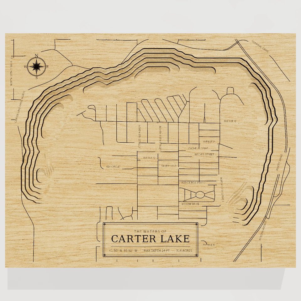 Carter Lake 3D wood map, front view