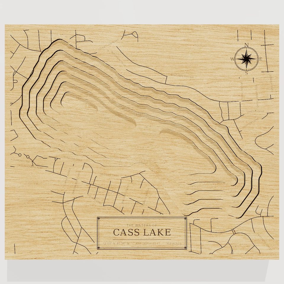 Cass Lake 3D wood map, front view