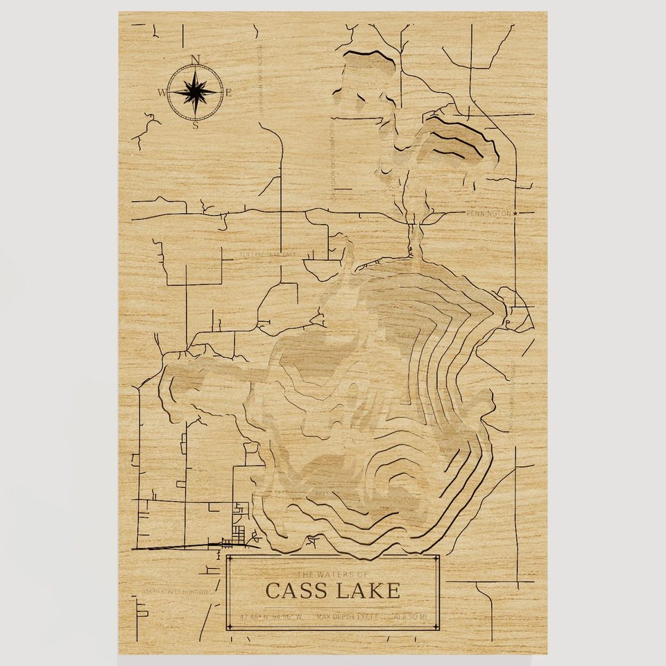 Cass Lake 3D wood map, front view