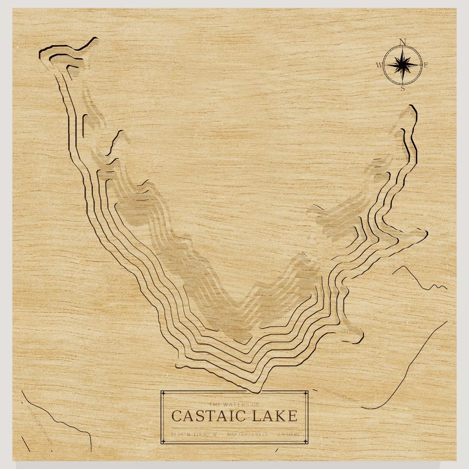 Castaic Lake 3D wood map, front view