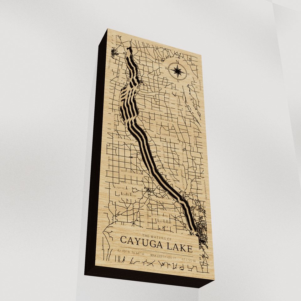Cayuga Lake 3D wood map, angle low view