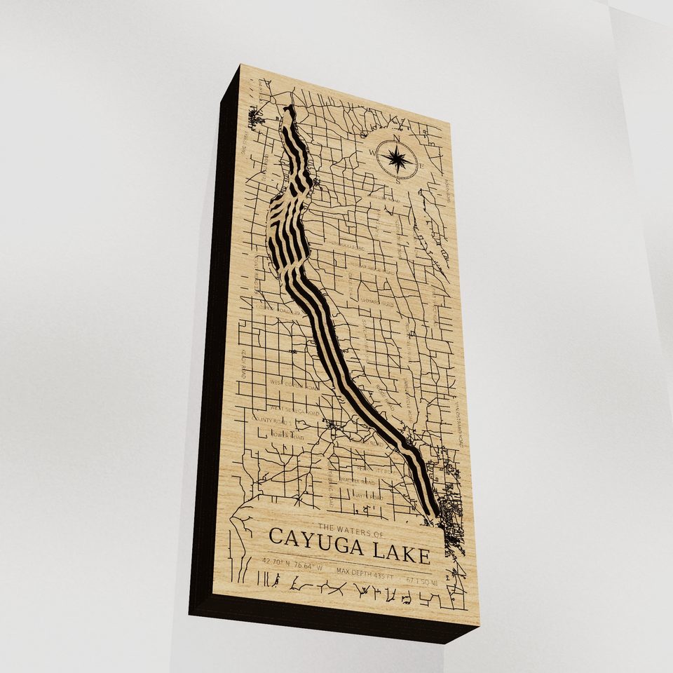 Cayuga Lake 3D wood map, angle low view