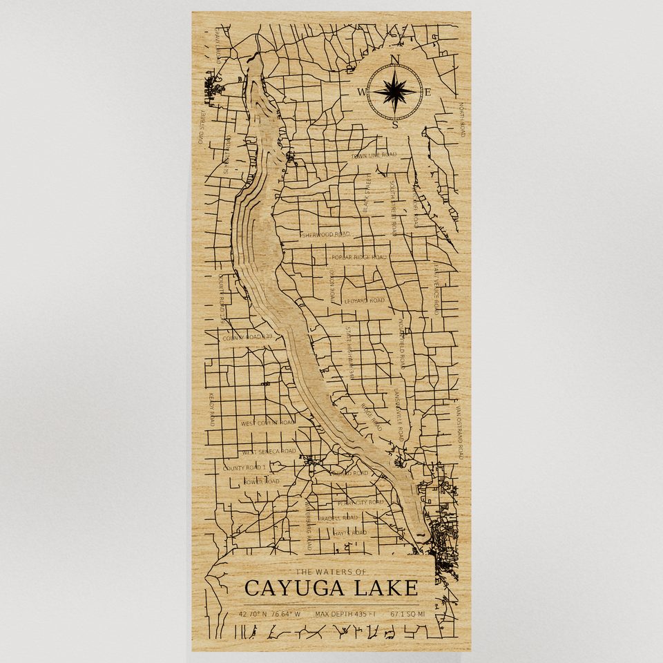 Cayuga Lake 3D wood map, front view