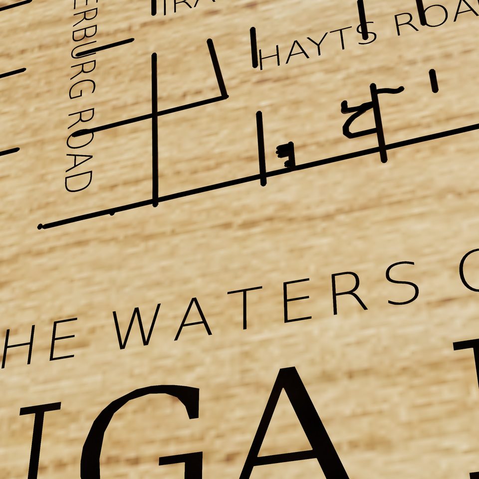 Cayuga Lake 3D wood map, title view