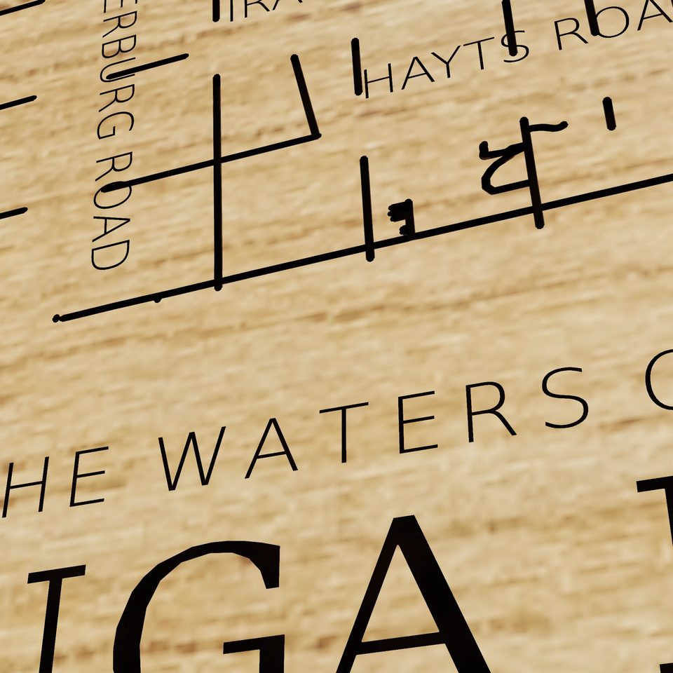 Cayuga Lake 3D wood map, title view