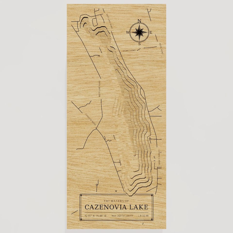 Cazenovia Lake 3D wood map, front view
