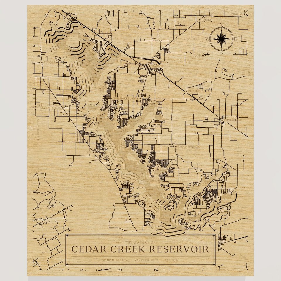 Cedar Creek Reservoir 3D wood map, front view