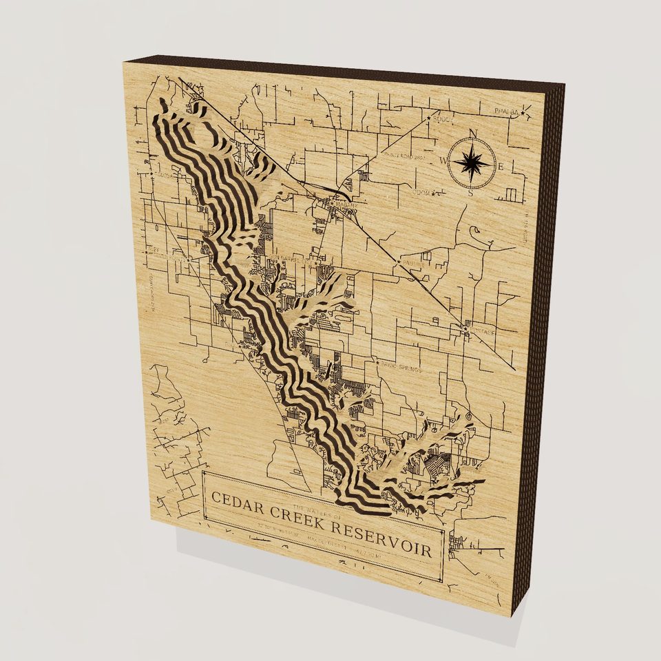 Cedar Creek Reservoir 3D wood map, hero view