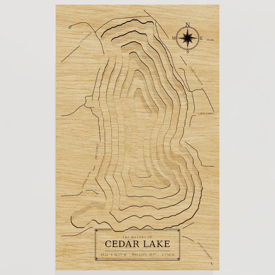 Cedar Lake 3D wood map, front view
